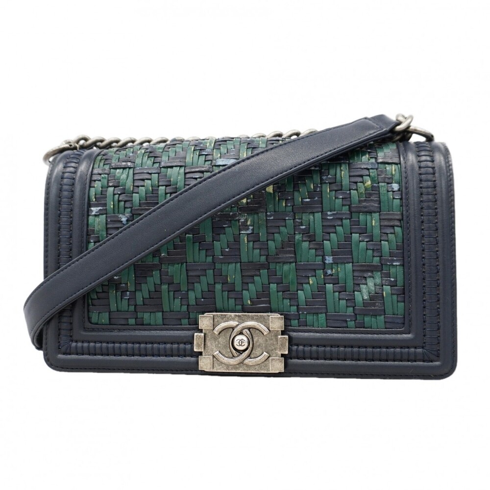 Chanel Boy Chain Shoulder Bag, Leather, Navy Green, Women's, P3171554